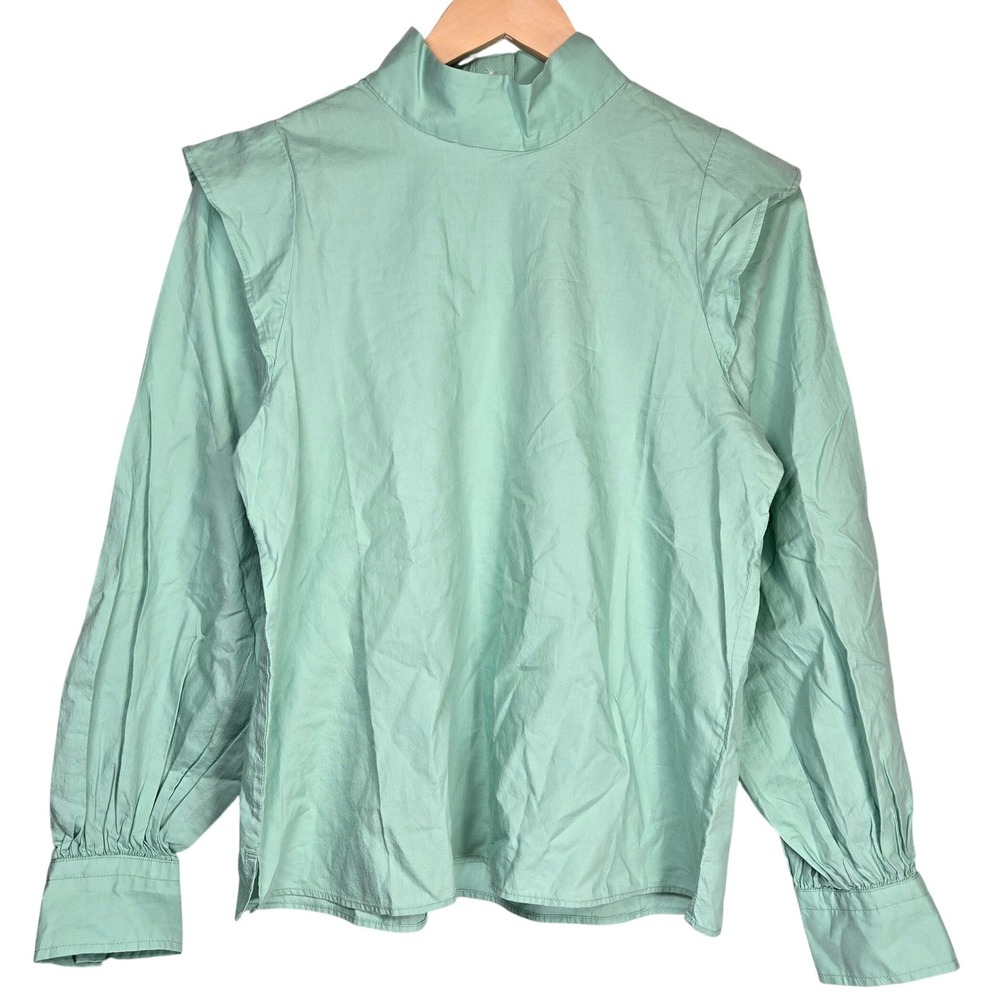 Everlane Wing-Shoulder Mockneck Top Jade Green Cotton Poplin Blouse Womens 2